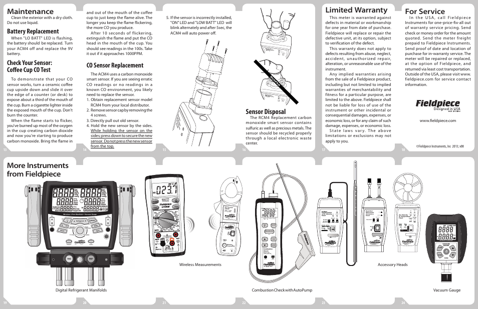 Maintenance, Limited warranty, For service | More instruments from fieldpiece, Sensor disposal, Battery replacement, Check your sensor: coffee cup co test, Co sensor replacement, On averag e | Fieldpiece ACM4 - Carbon Monoxide Detector Accessory User Manual | Page 2 / 2