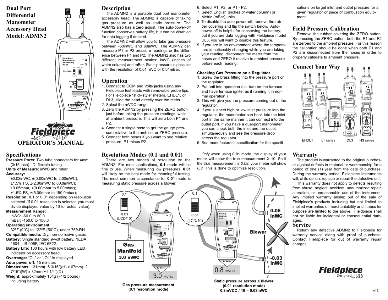 Fieldpiece ADMN2 - Dual Port Manometer Accessory Head User Manual | 2 pages