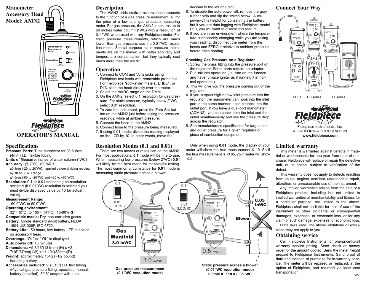 Fieldpiece AMN2 - Manometer Accessory Head User Manual | 2 pages