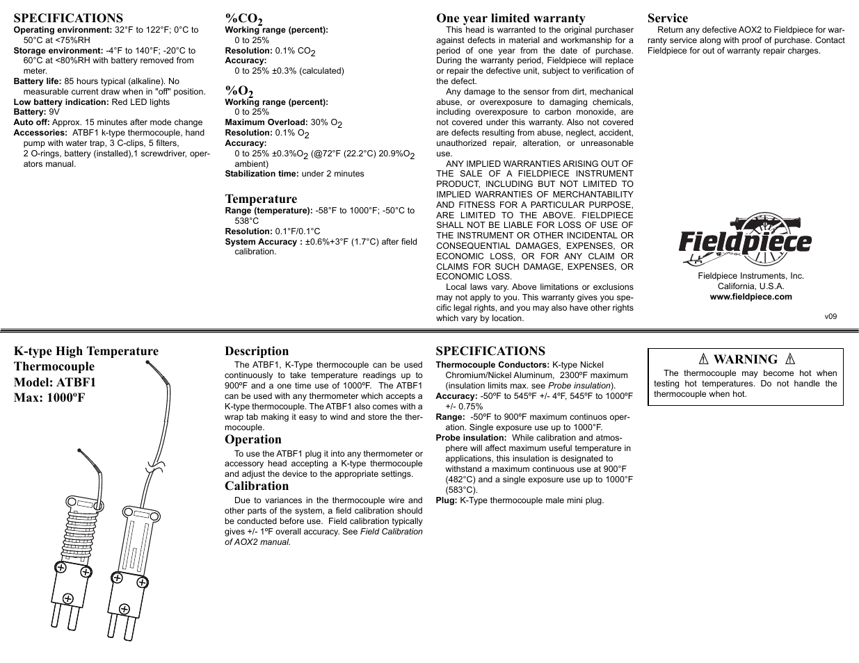 Specifications, Temperature, One year limited warranty | Service, Operation, Calibration, Warning | Fieldpiece AOX2 - Oxygen and Carbon Dioxide Accessory Head User Manual | Page 2 / 2