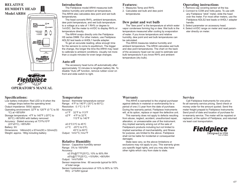 Fieldpiece ARH4 - Digital Psychrometer Accessory Head User Manual | 1 page