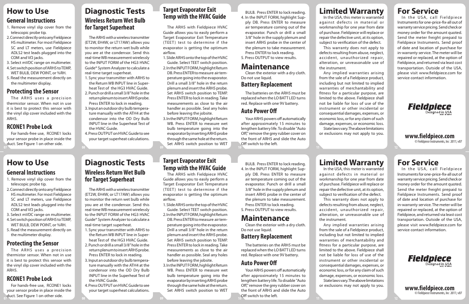 How to use, Diagnostic tests, Maintenance | Limited warranty, For service, General instructions, Protecting the sensor, Rcone1 probe lock, Wireless return wet bulb for target superheat, Target evaporator exit temp with the hvac guide | Fieldpiece ARH5 - Psychrometer Accessory Head User Manual | Page 2 / 2