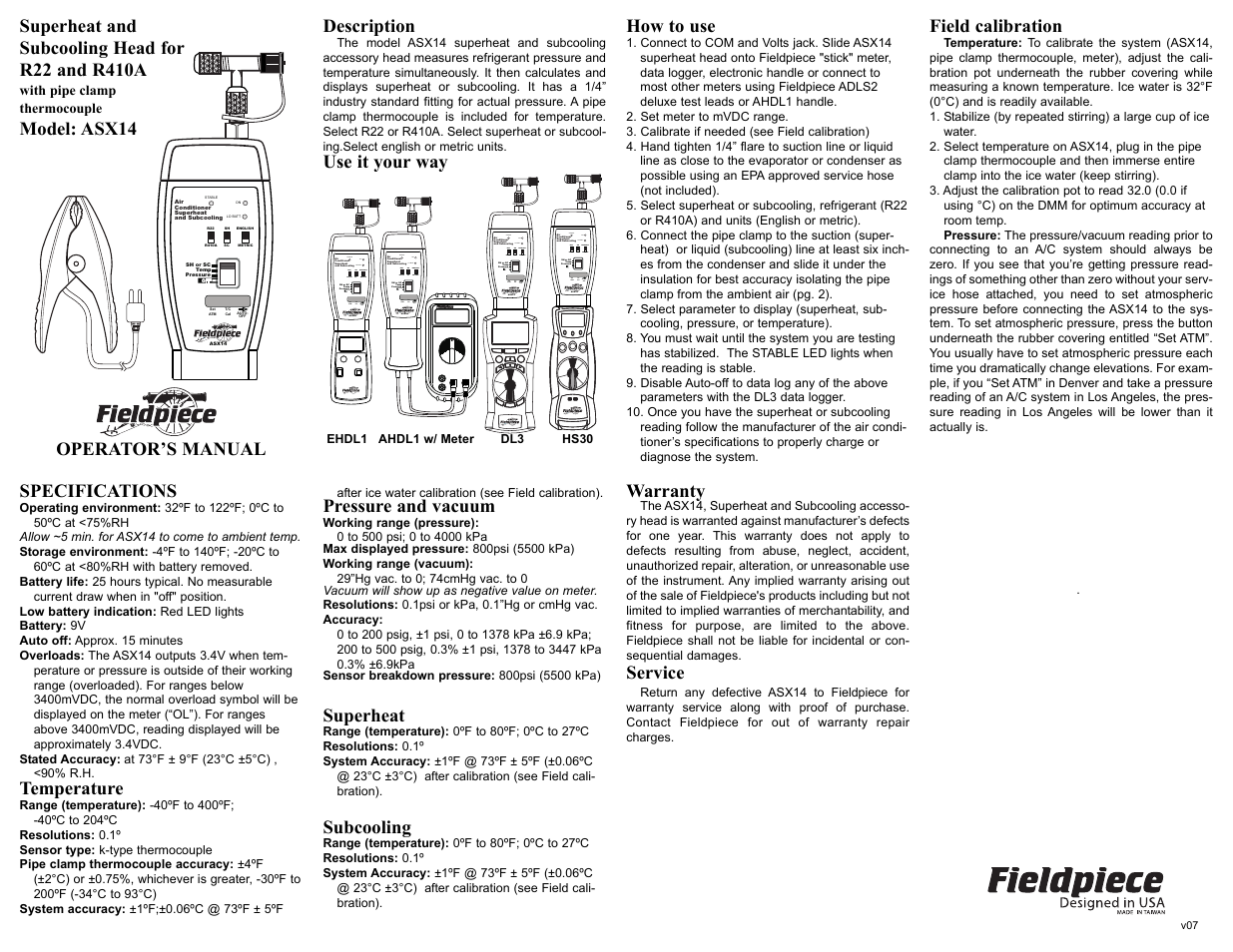 Fieldpiece ASX14 - Superheat & Subcooling Accessory Head User Manual | 2 pages