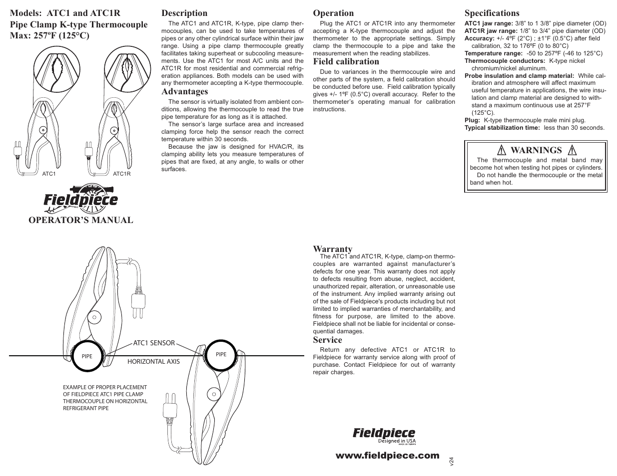 Fieldpiece ATC1 - Pipe Clamp Thermocouple User Manual | 1 page