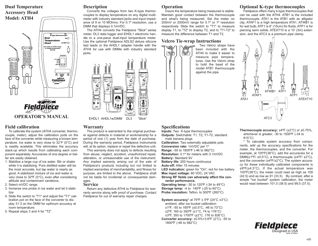 Fieldpiece ATH4 - Dual Temperature Accessory Head User Manual | 1 page