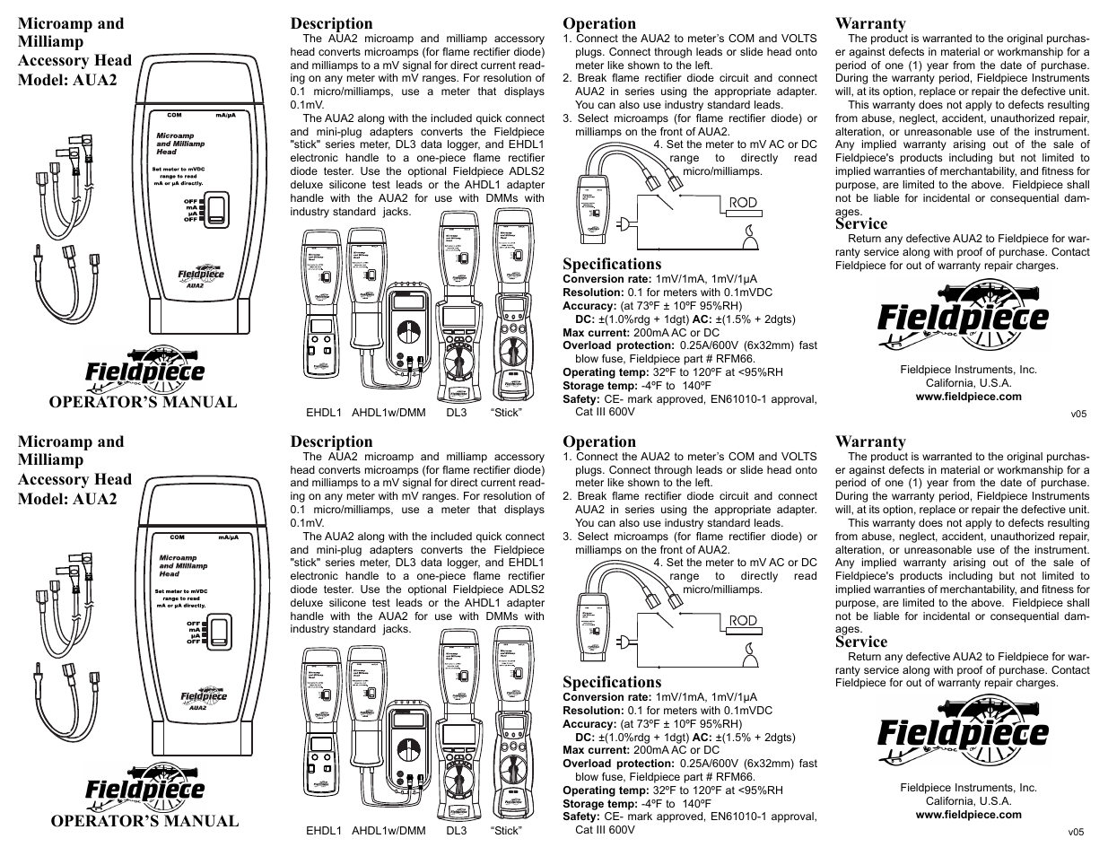 Fieldpiece AUA2 - Milliamps & Microamps Accessory Head User Manual | 1 page