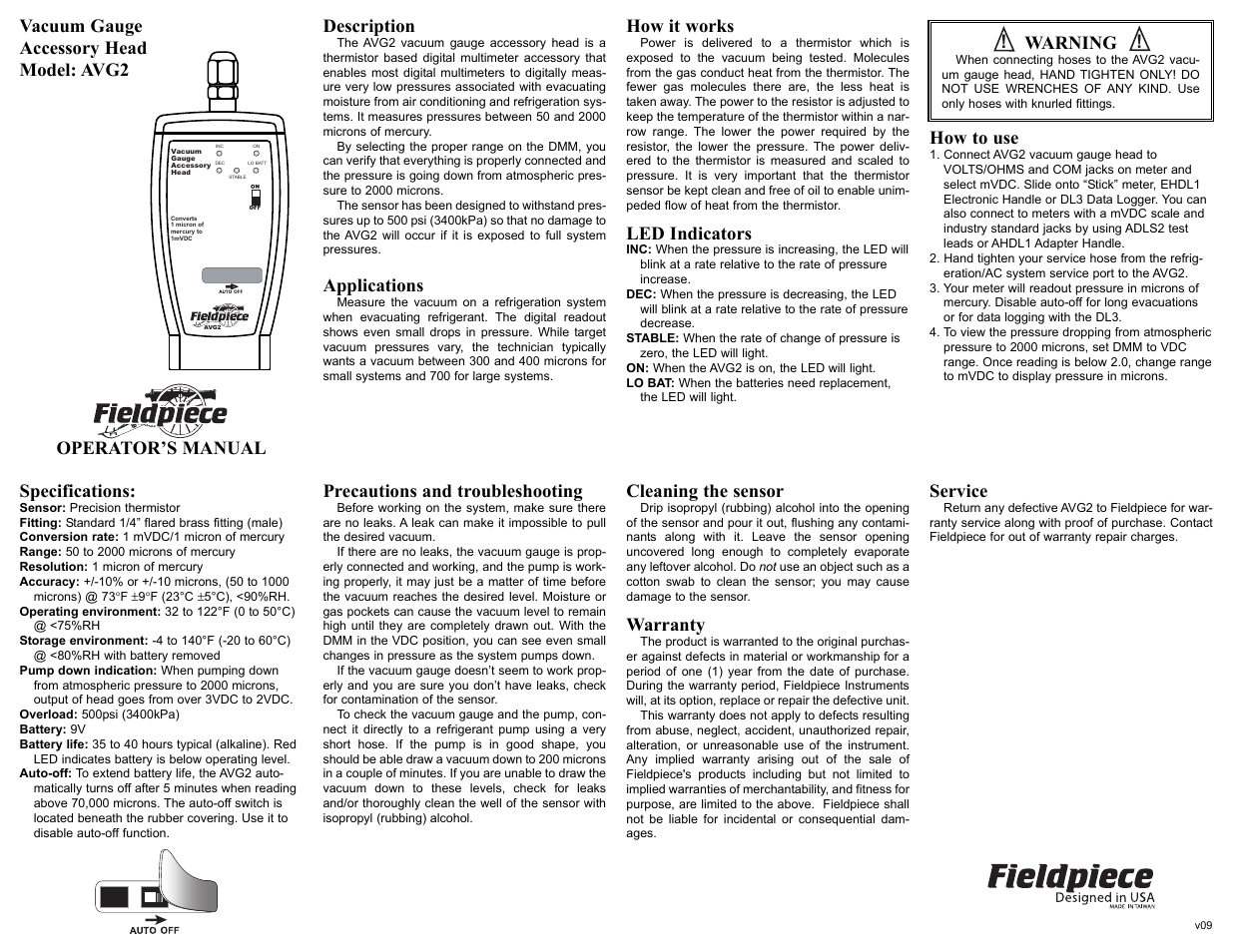 Fieldpiece AVG2 - Digital Vacuum Micron Gauge Accessory Head User Manual | 1 page