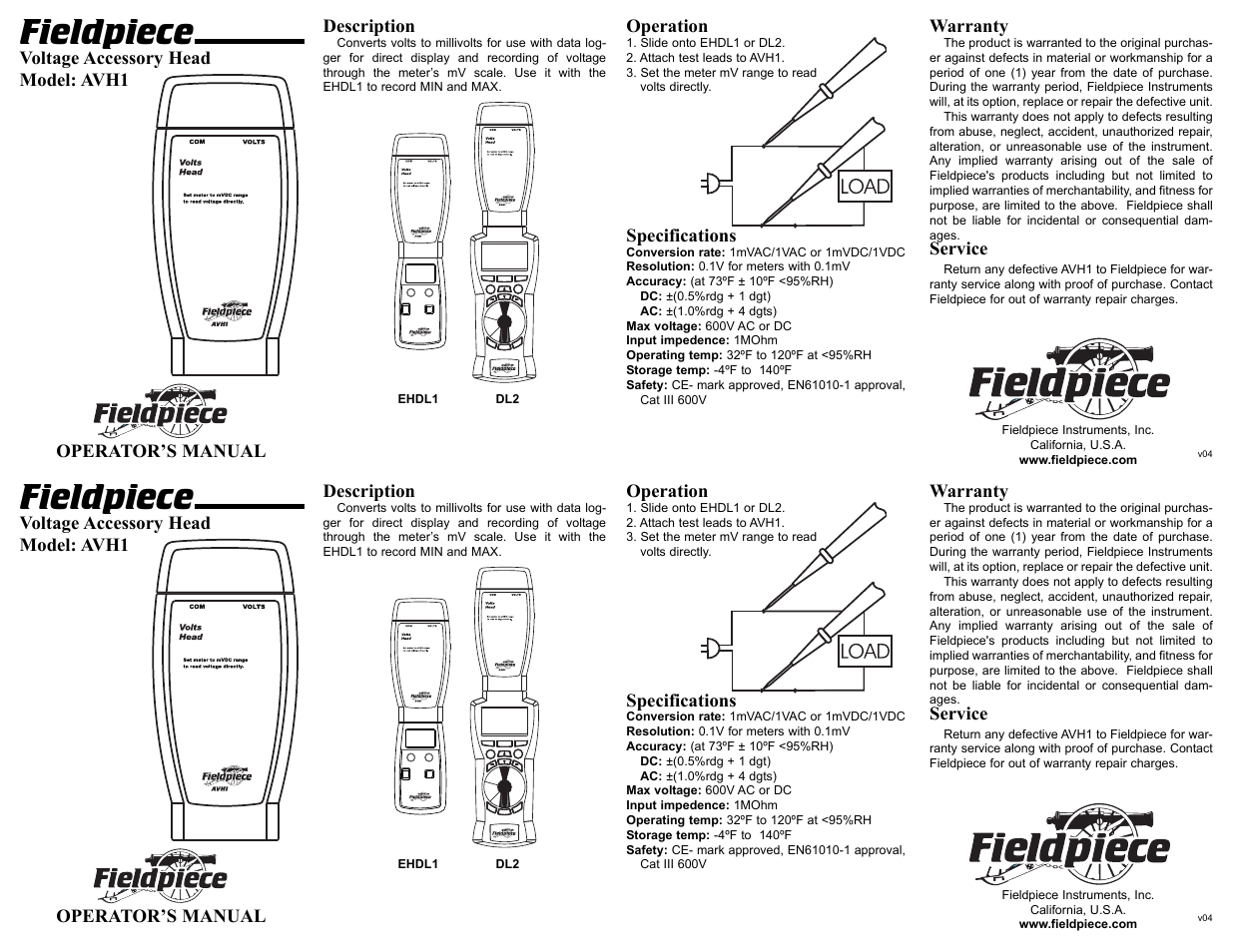 Fieldpiece AVH1 - Volts Accessory Head User Manual | 1 page