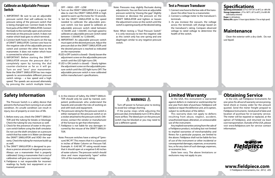 Specifications, Maintenance, Safety information | Limited warranty, Obtaining service, Calibrate an adjustable pressure switch, Test a pressure transducer, Warnings | Fieldpiece DDSM1 - Draft Simulator User Manual | Page 2 / 2