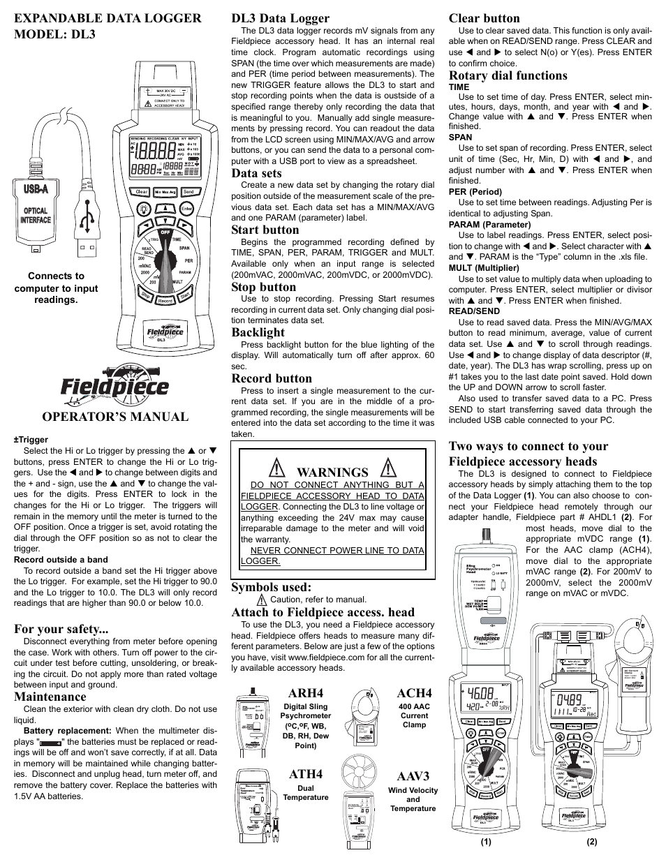 Fieldpiece DL3 - Data Logger User Manual | 2 pages