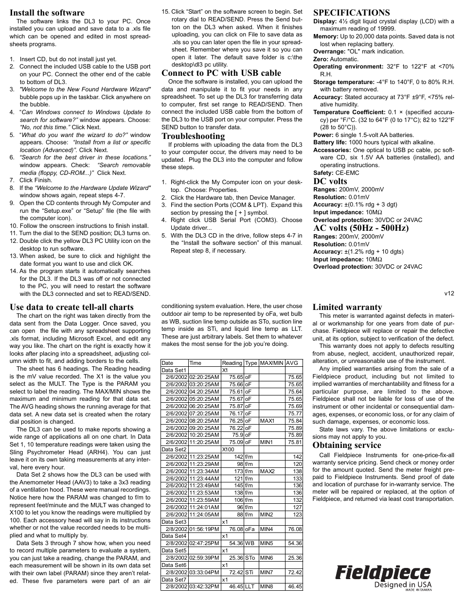 Use data to create tell-all charts, Install the software, Connect to pc with usb cable | Troubleshooting, Specifications, Dc volts, Limited warranty, Obtaining service | Fieldpiece DL3 - Data Logger User Manual | Page 2 / 2