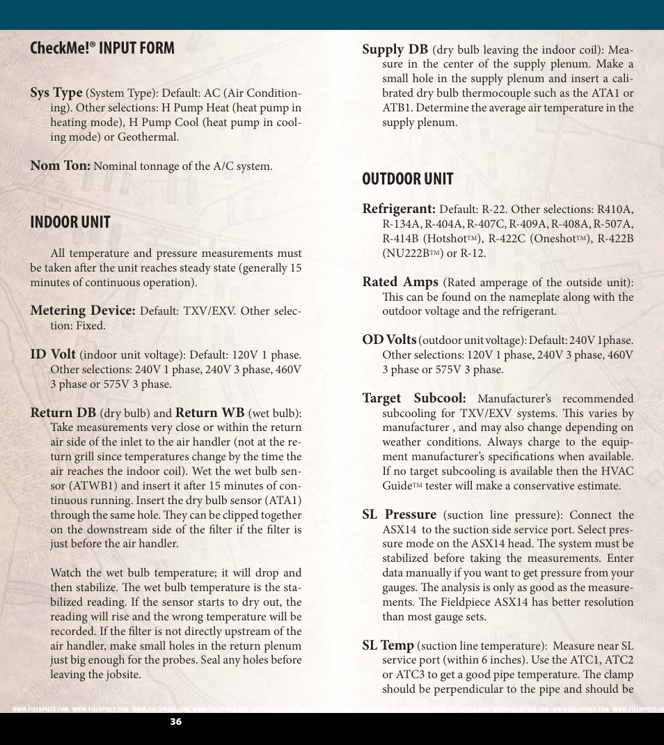 Checkme!® input form, Indoor unit, Outdoor unit | Fieldpiece HG2 - HVAC Guide System Analyzer User Manual | Page 19 / 37