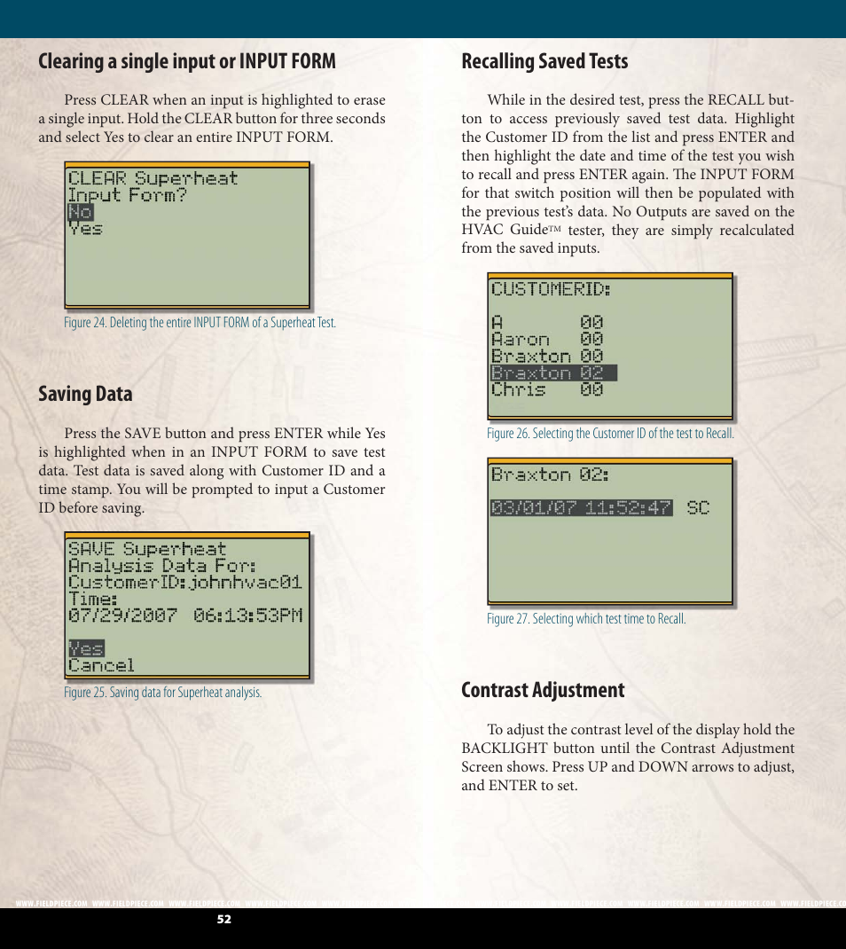 Clearing a single input or input form, Saving data, Recalling saved tests | Contrast adjustment | Fieldpiece HG2 - HVAC Guide System Analyzer User Manual | Page 27 / 37