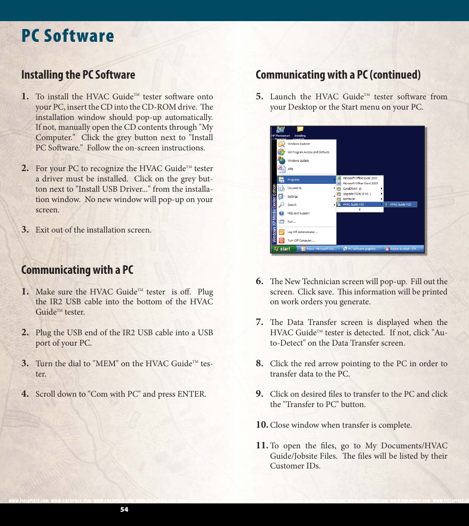 Pc software, Installing the pc software, Communicating with a pc | Communicating with a pc (continued) | Fieldpiece HG2 - HVAC Guide System Analyzer User Manual | Page 28 / 37