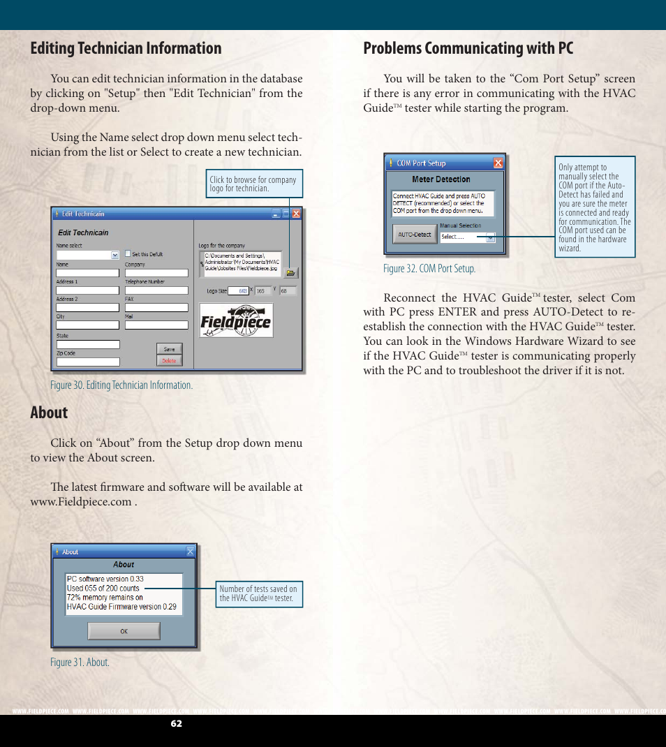 Editing technician information, About, Problems communicating with pc | Fieldpiece HG2 - HVAC Guide System Analyzer User Manual | Page 32 / 37