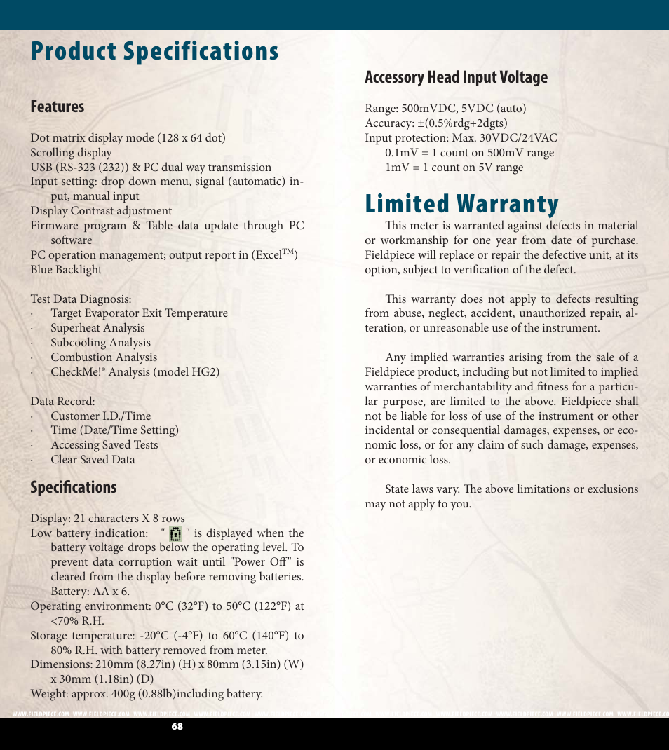 Product specifications, Limited warranty, Features | Specifi cations, Accessory head input voltage | Fieldpiece HG2 - HVAC Guide System Analyzer User Manual | Page 35 / 37