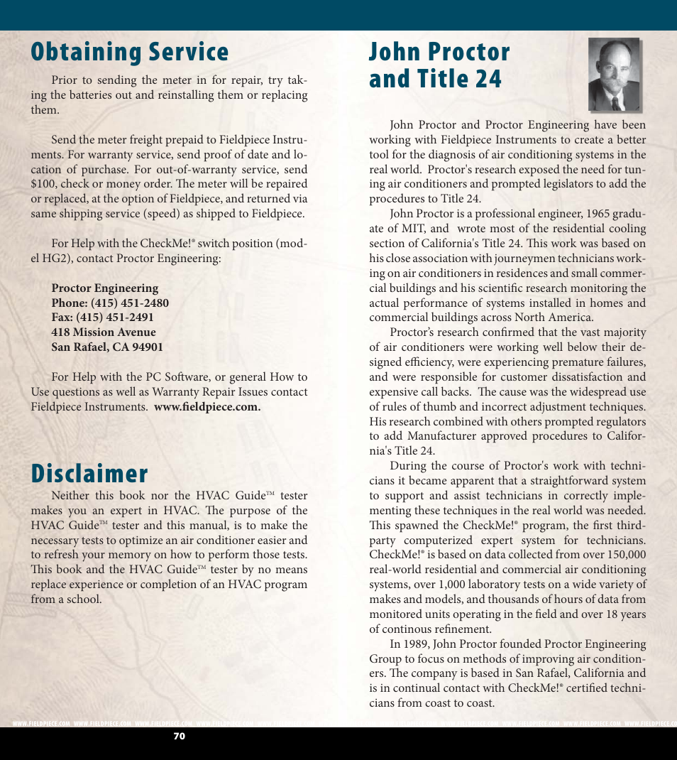 Obtaining service, Disclaimer, John proctor and title 24 | Fieldpiece HG2 - HVAC Guide System Analyzer User Manual | Page 36 / 37