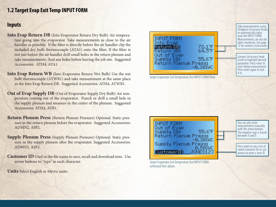 2 target evap exit temp input form inputs | Fieldpiece HG3 - Wireless HVAC Guide System Analyzer User Manual | Page 10 / 38