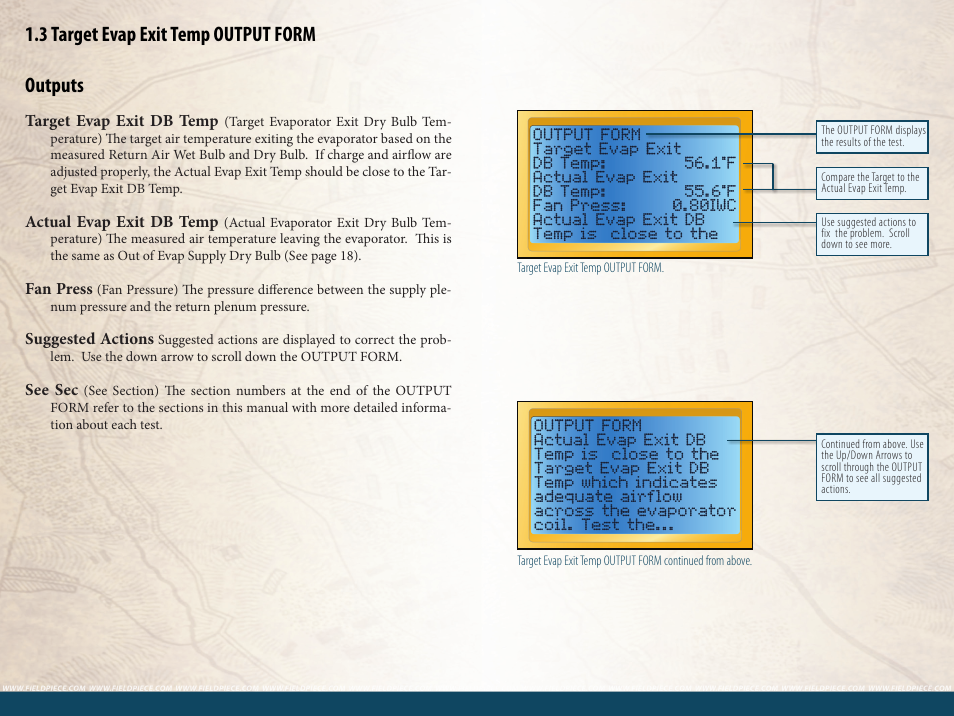 3 target evap exit temp output form outputs | Fieldpiece HG3 - Wireless HVAC Guide System Analyzer User Manual | Page 11 / 38