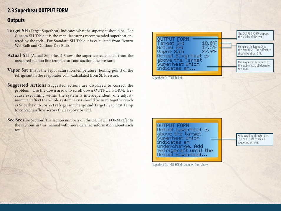3 superheat output form, Outputs | Fieldpiece HG3 - Wireless HVAC Guide System Analyzer User Manual | Page 14 / 38