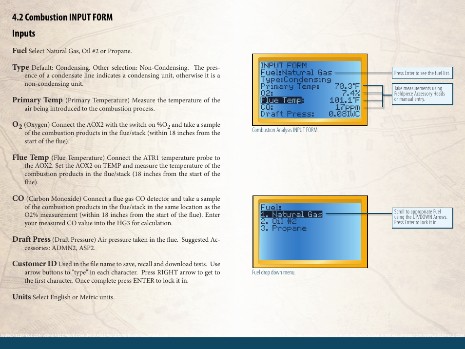 2 combustion input form inputs | Fieldpiece HG3 - Wireless HVAC Guide System Analyzer User Manual | Page 19 / 38