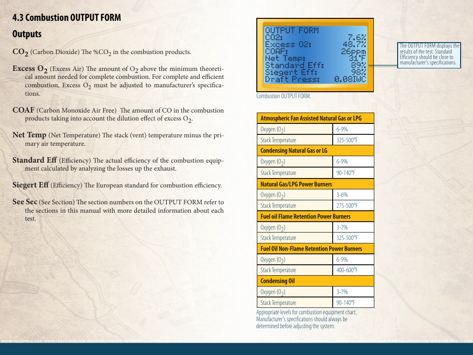 3 combustion output form outputs | Fieldpiece HG3 - Wireless HVAC Guide System Analyzer User Manual | Page 20 / 38