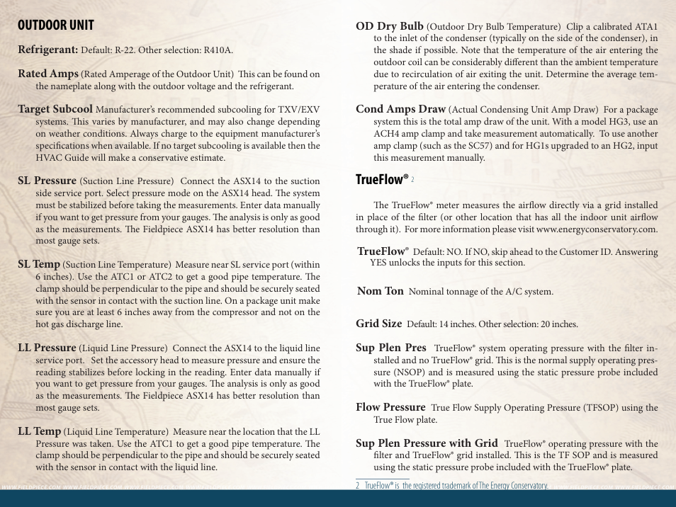 Outdoor unit, Trueflow | Fieldpiece HG3 - Wireless HVAC Guide System Analyzer User Manual | Page 23 / 38