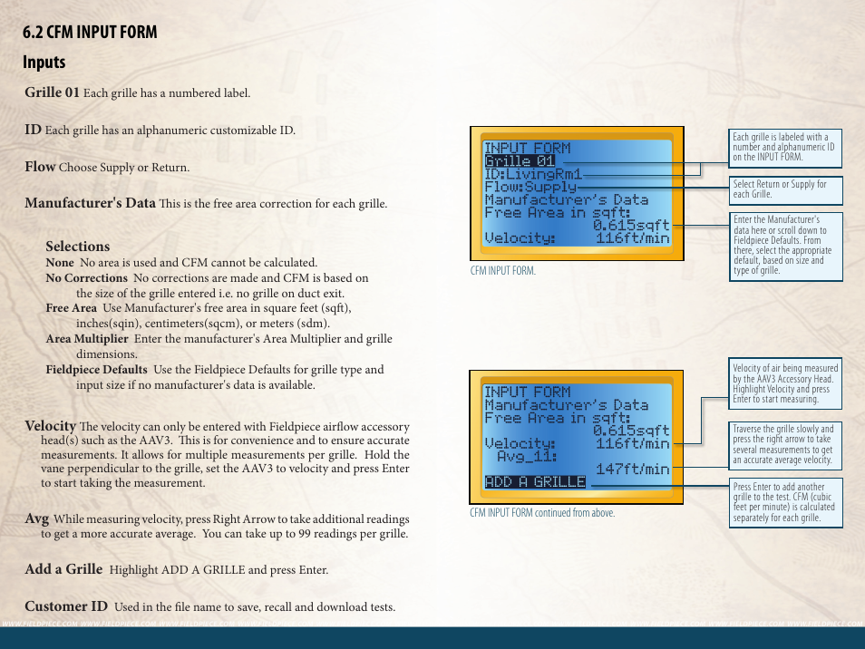 2 cfm input form inputs | Fieldpiece HG3 - Wireless HVAC Guide System Analyzer User Manual | Page 26 / 38