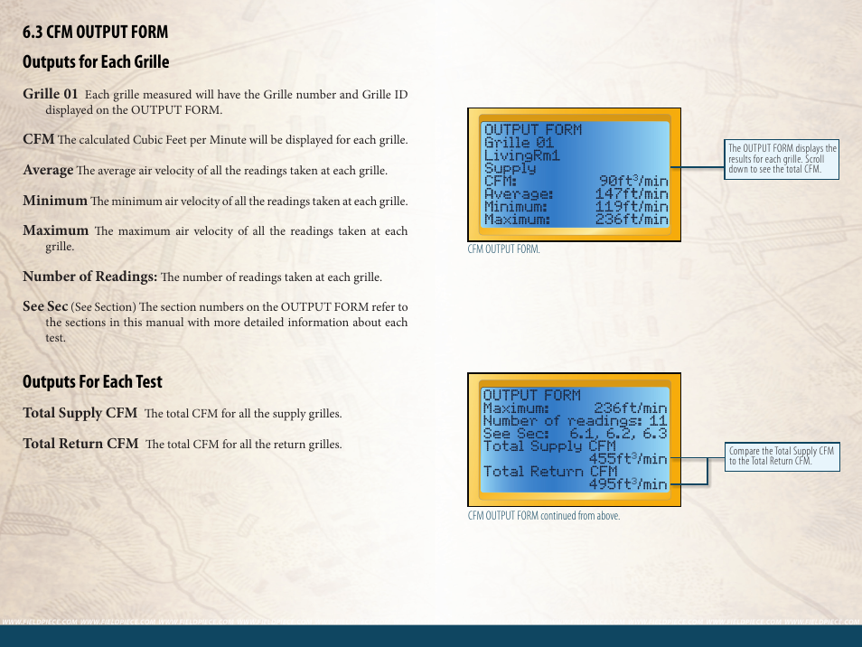 3 cfm output form outputs for each grille, Outputs for each test | Fieldpiece HG3 - Wireless HVAC Guide System Analyzer User Manual | Page 27 / 38