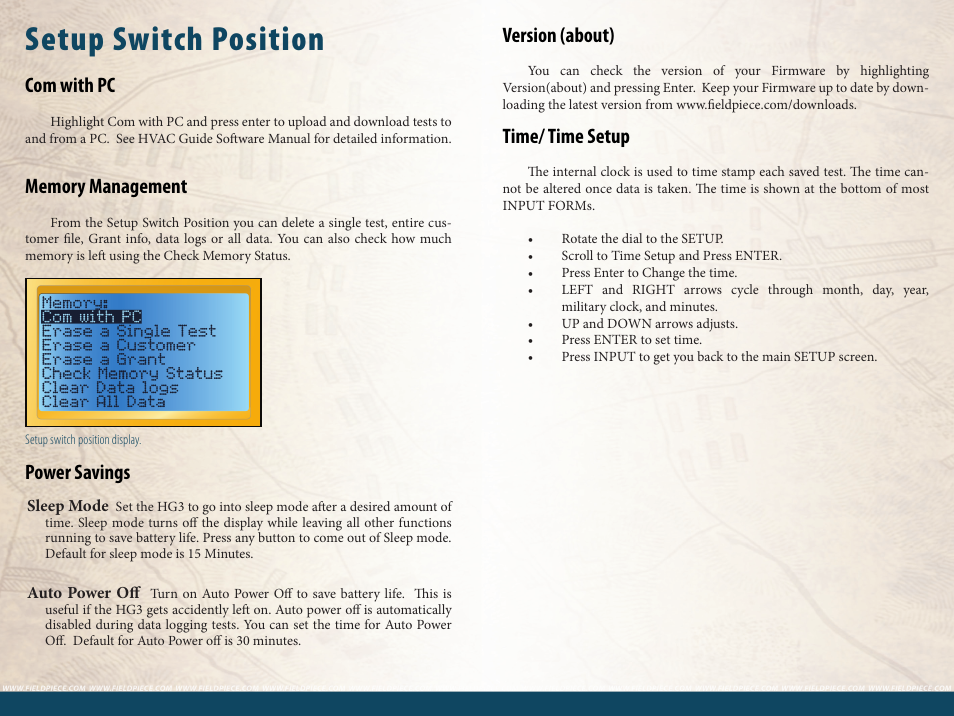 Setup switch position, Com with pc, Power savings | Version (about), Time/ time setup | Fieldpiece HG3 - Wireless HVAC Guide System Analyzer User Manual | Page 31 / 38