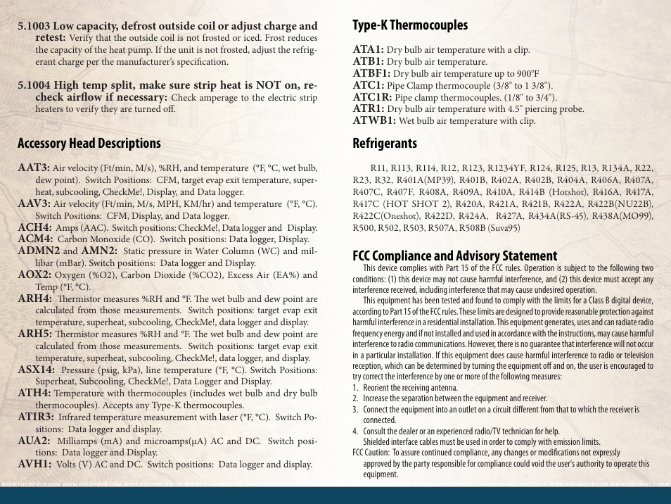 Accessory head descriptions, Type-k thermocouples, Refrigerants | Fcc compliance and advisory statement | Fieldpiece HG3 - Wireless HVAC Guide System Analyzer User Manual | Page 37 / 38