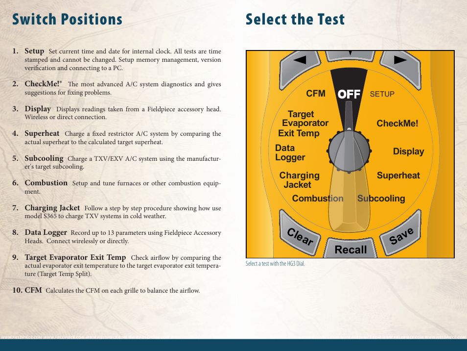 Select the test switch positions, Hvac guide, Dual temperature head | Air velocity & temperature accessory head, Air conditioner superheat and subcooling, Fieldpiece, Ac current clamp | Fieldpiece HG3 - Wireless HVAC Guide System Analyzer User Manual | Page 4 / 38