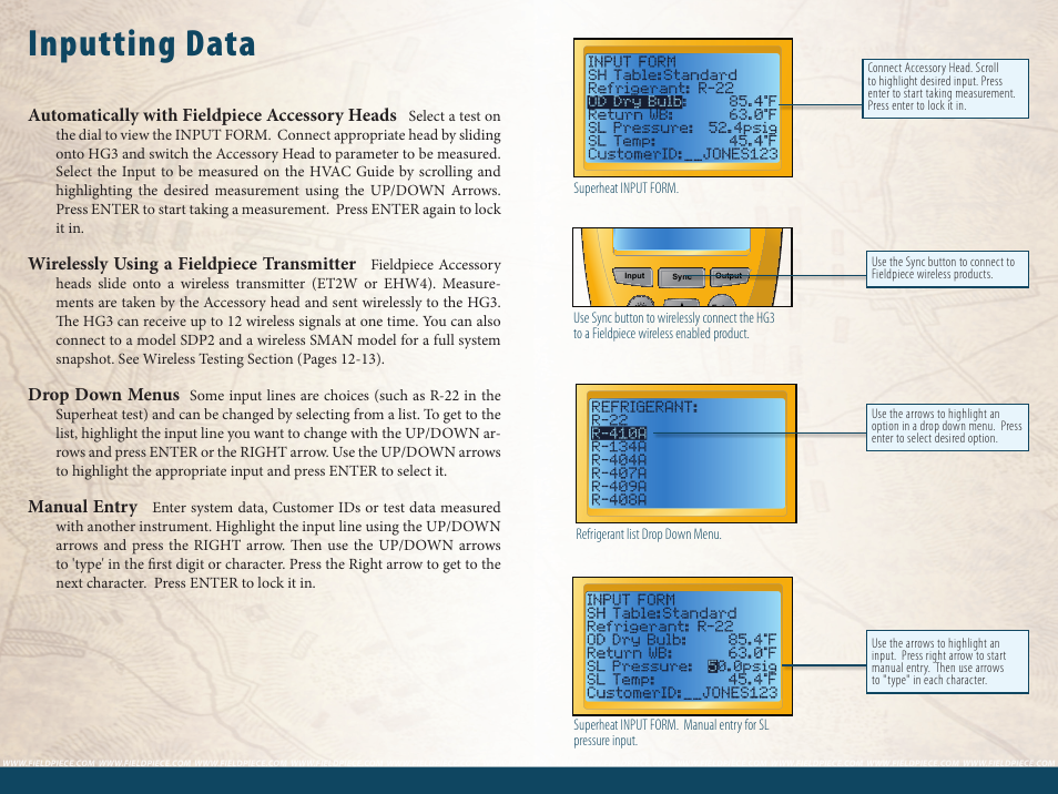Inputting data, Automatically with fieldpiece accessory heads, Wirelessly using a fieldpiece transmitter | Drop down menus, Manual entry | Fieldpiece HG3 - Wireless HVAC Guide System Analyzer User Manual | Page 6 / 38