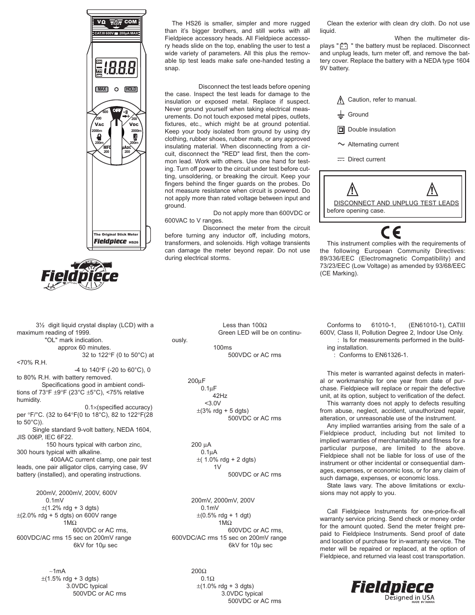 Fieldpiece HS26 - The Original Stick Meter User Manual | 2 pages