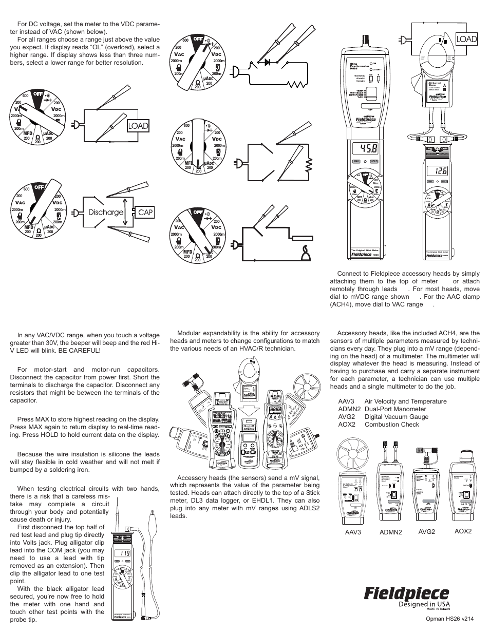 Hi voltage indicator, Capacitance, Max and data hold | Silicone leads, Safe one-handed testing, Modular expandability, Accessory heads, Works with fieldpiece accessory heads, Voltage capacitance selecting ranges, Diode test resistance flame rectification | Fieldpiece HS26 - The Original Stick Meter User Manual | Page 2 / 2