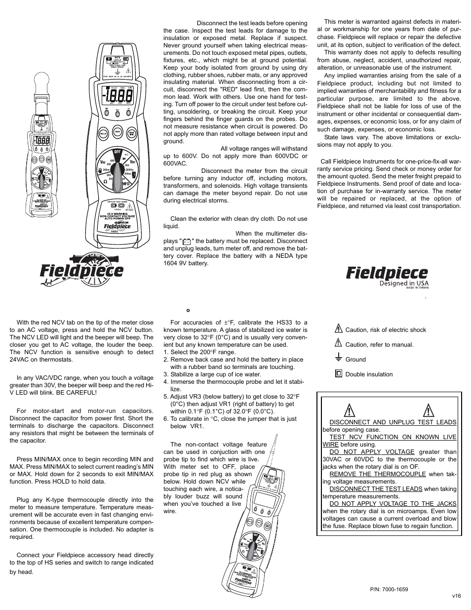 Fieldpiece HS33 - Manual Ranging Digital Multimeter User Manual | 2 pages
