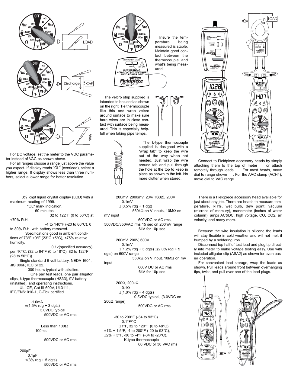 Specifications, Diode test, Continuity | Capacitance, Dc volts, Resistance, Temperature (hs33), Available fieldpiece access. heads, Using & storing test leads, Voltage capacitance resistance selecting ranges | Fieldpiece HS33 - Manual Ranging Digital Multimeter User Manual | Page 2 / 2