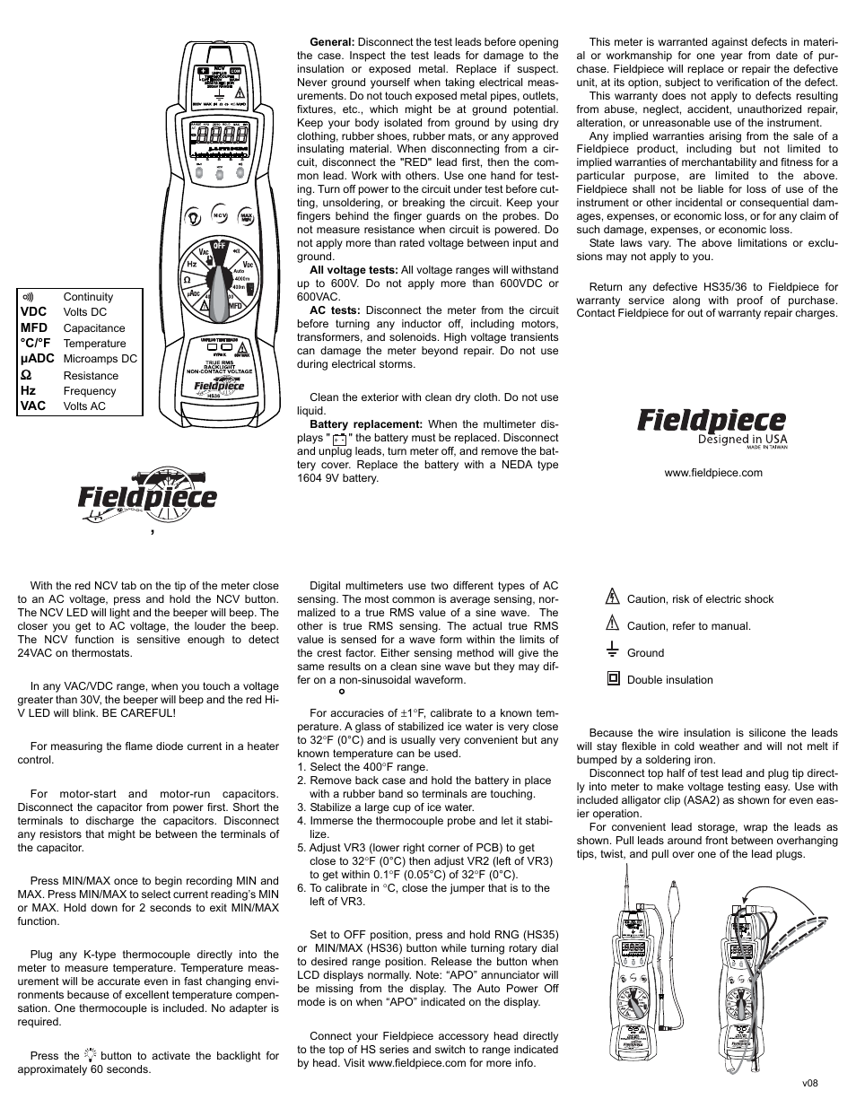 Fieldpiece HS35 - Manual and Auto Ranging User Manual | 2 pages