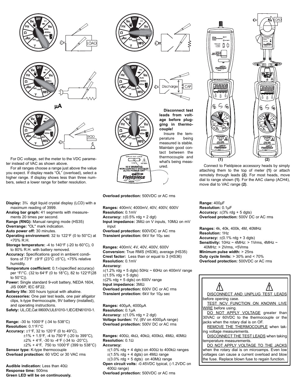 Specifications, Temperature, Continuity | Dc volts, Dc current, Resistance, Capacitance, Frequency, Warnings | Fieldpiece HS35 - Manual and Auto Ranging User Manual | Page 2 / 2