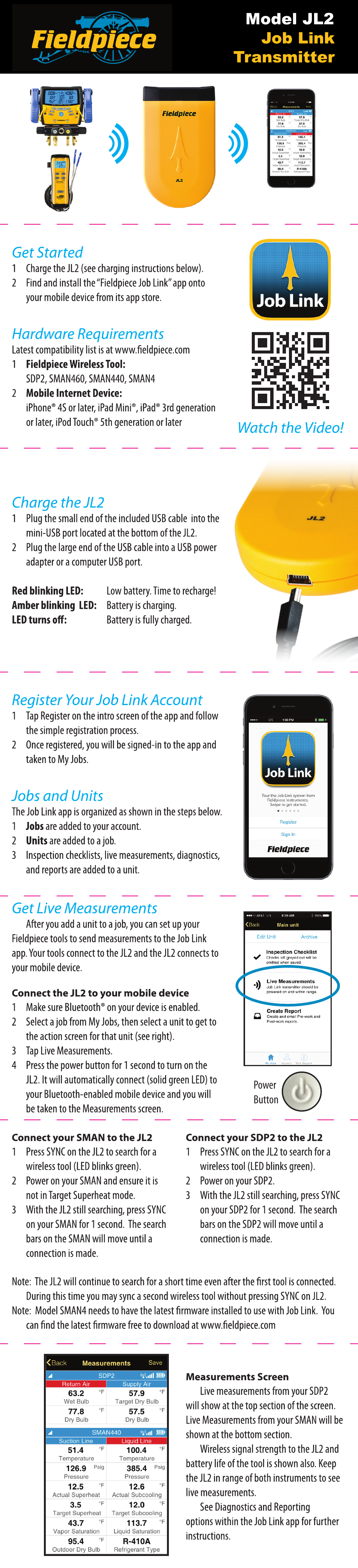 Fieldpiece JL2 - Job Link Wireless App Transmitter User Manual | 2 pages