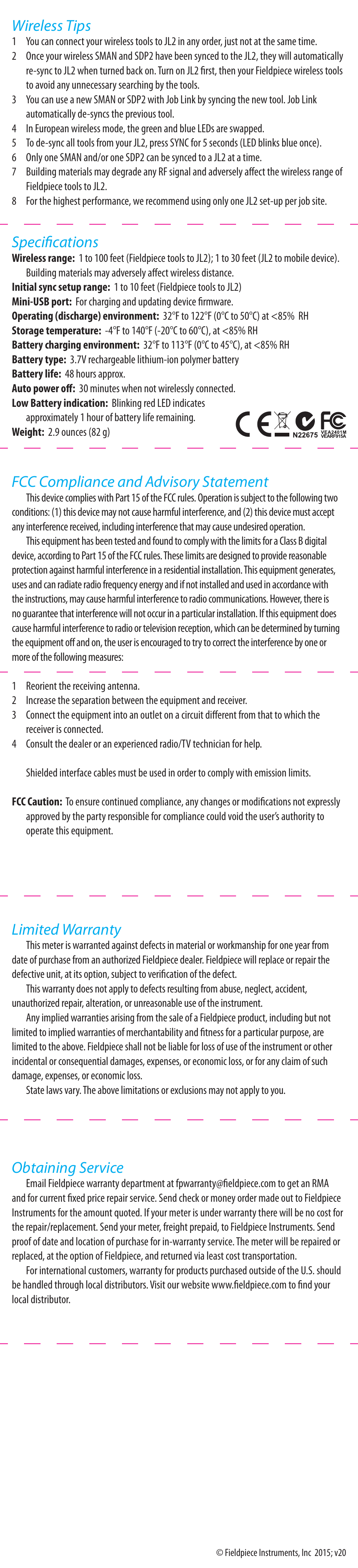 Limited warranty, Obtaining service, Fcc compliance and advisory statement | Specifications, Wireless tips | Fieldpiece JL2 - Job Link Wireless App Transmitter User Manual | Page 2 / 2