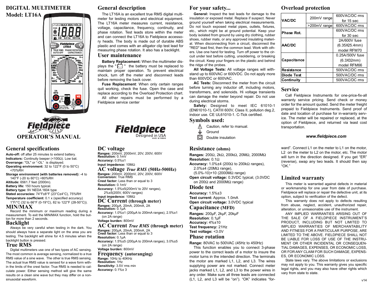 Fieldpiece LT16A - True RMS Digital Multimeter User Manual | 2 pages