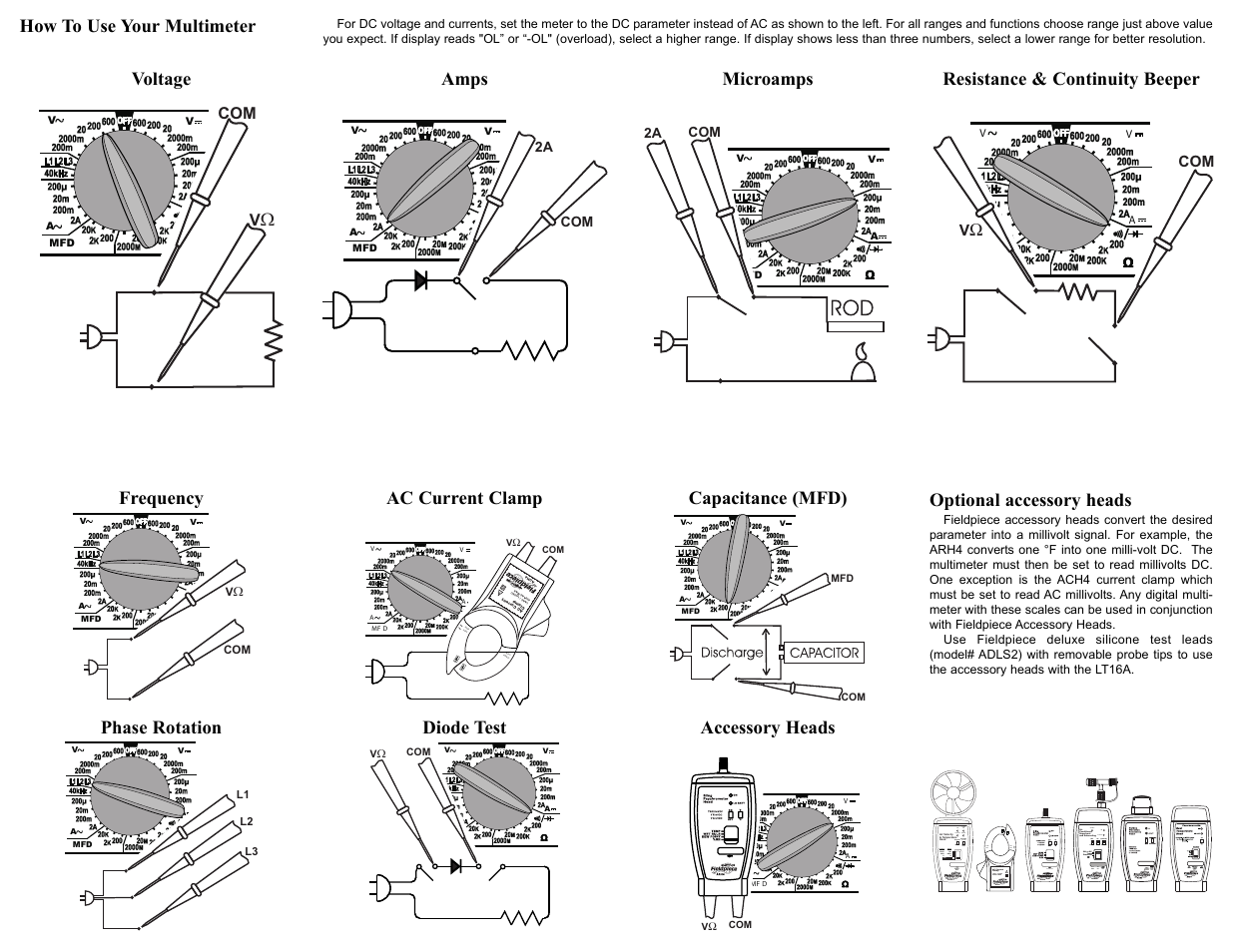 How to use your multimeter, Optional accessory heads, Phase rotation diode test accessory heads | Fieldpiece LT16A - True RMS Digital Multimeter User Manual | Page 2 / 2