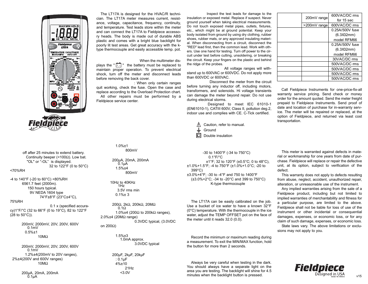 Fieldpiece LT17A - Digital Multimeter User Manual | 2 pages
