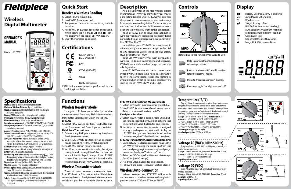 Fieldpiece LT17AW - Wireless Digital Multimeter User Manual | 2 pages