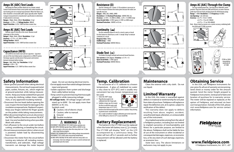 Safety information, Temp. calibration, Battery replacement | Maintenance, Limited warranty, Obtaining service, Amps dc (adc) test leads, Amps ac (aac) test leads, Capacitance (mfd), Resistance (ω) | Fieldpiece LT17AW - Wireless Digital Multimeter User Manual | Page 2 / 2