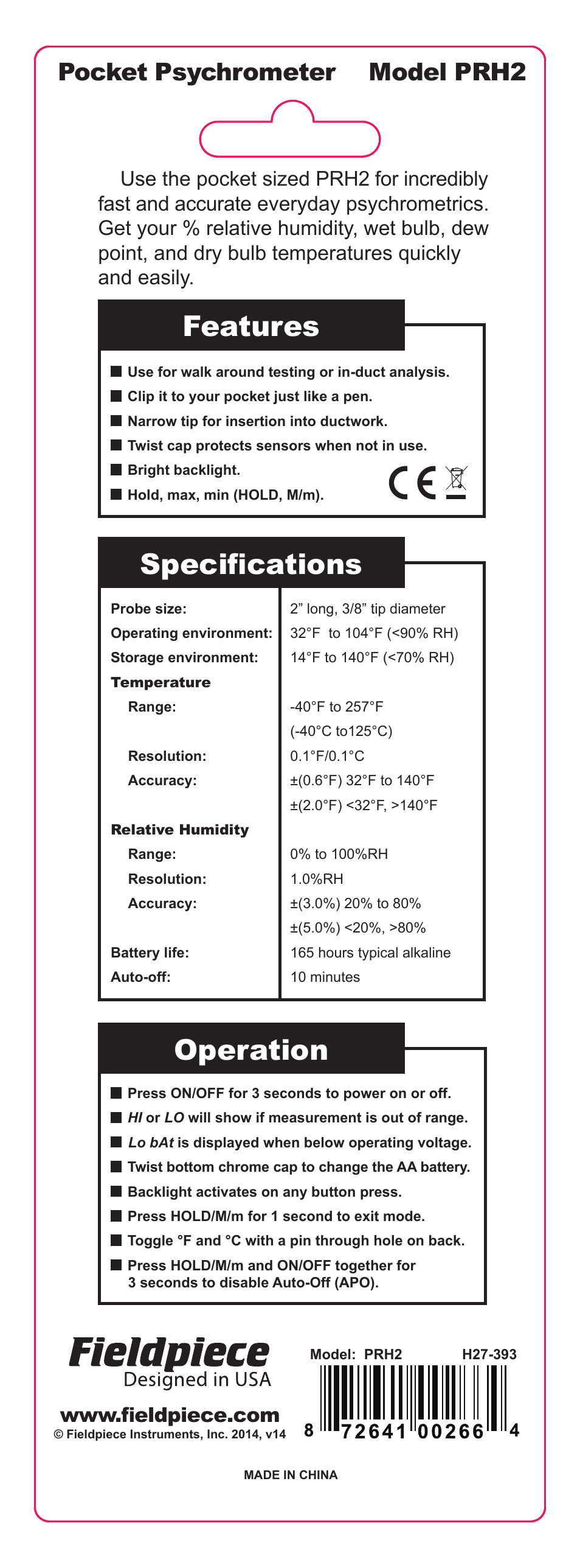 Fieldpiece PRH2 - Pocket Psychrometer User Manual | 1 page