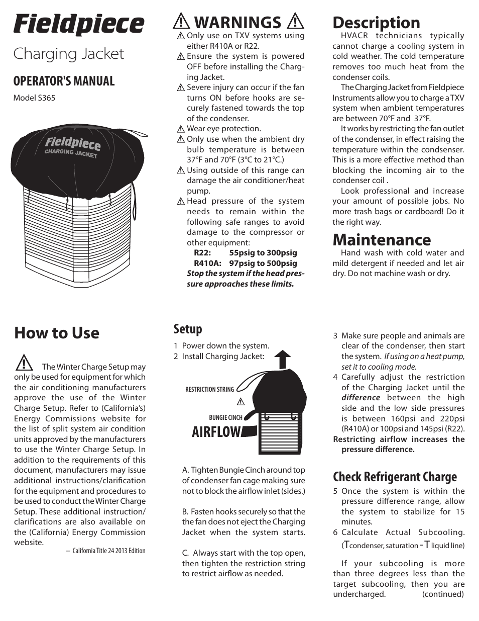Fieldpiece S365 - Charging Jacket for TXV Systems User Manual | 2 pages