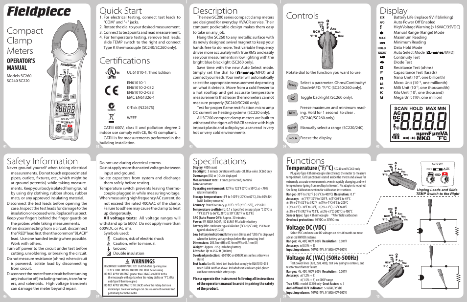 Fieldpiece SC220 SC240 SC260 Compact Clamp Meters User Manual | 2 pages