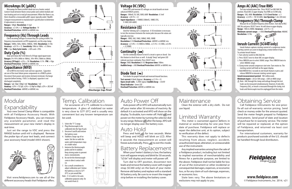 Modular expandability, Temp. calibration, Auto power off | Auto hold, Battery replacement, Maintenance, Limited warranty, Obtaining service, Microamps dc (µadc), Frequency (hz) through leads | Fieldpiece SC420 SC440 Essential Clamp Meters User Manual | Page 2 / 2